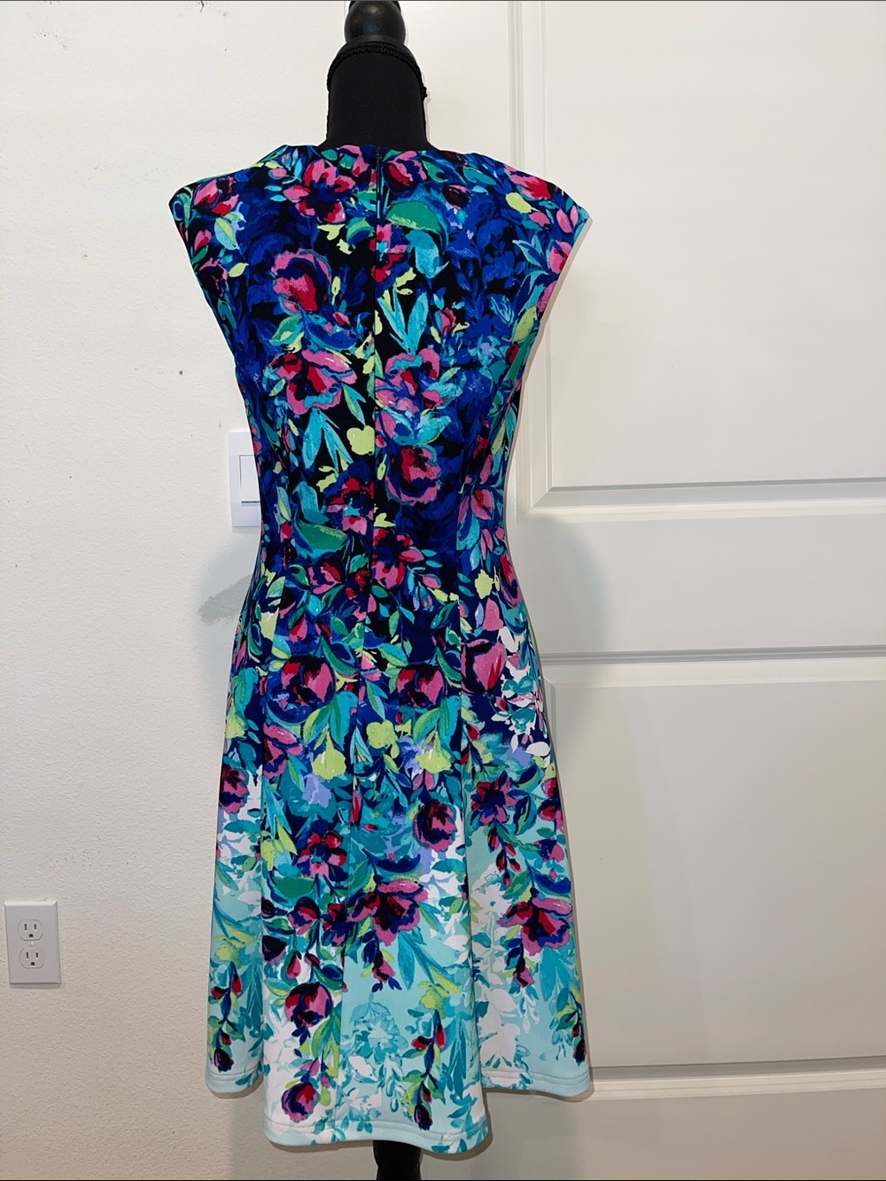 Floral Fit-and-Flare Dress in Teal and Multi-Color - Picture 3 of 4